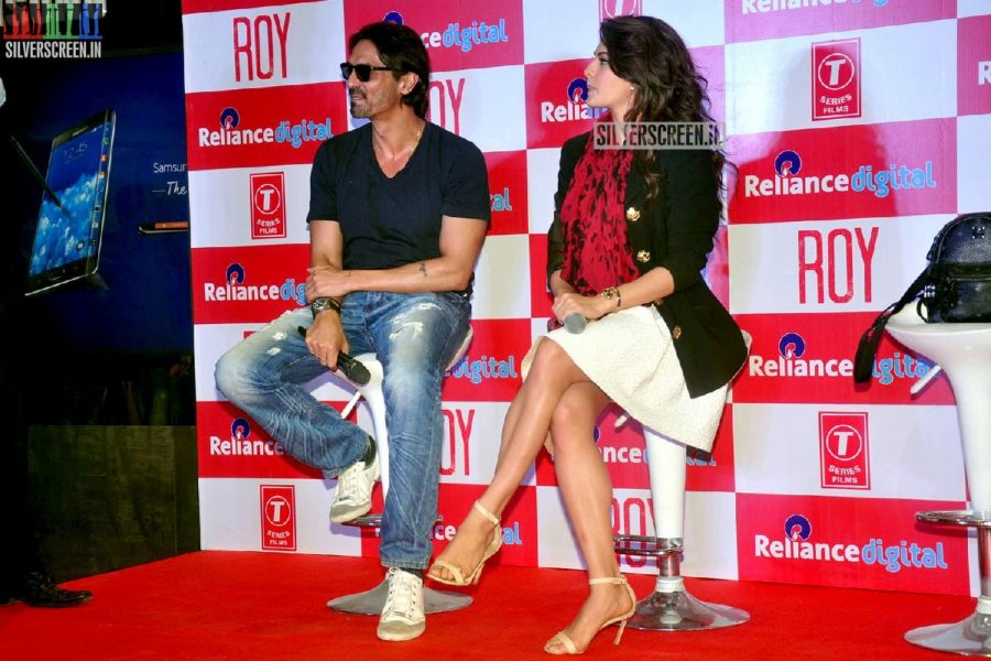 Actress Jacqueline Fernandez and Arjun Rampal promote film Roy at Reliance Digital