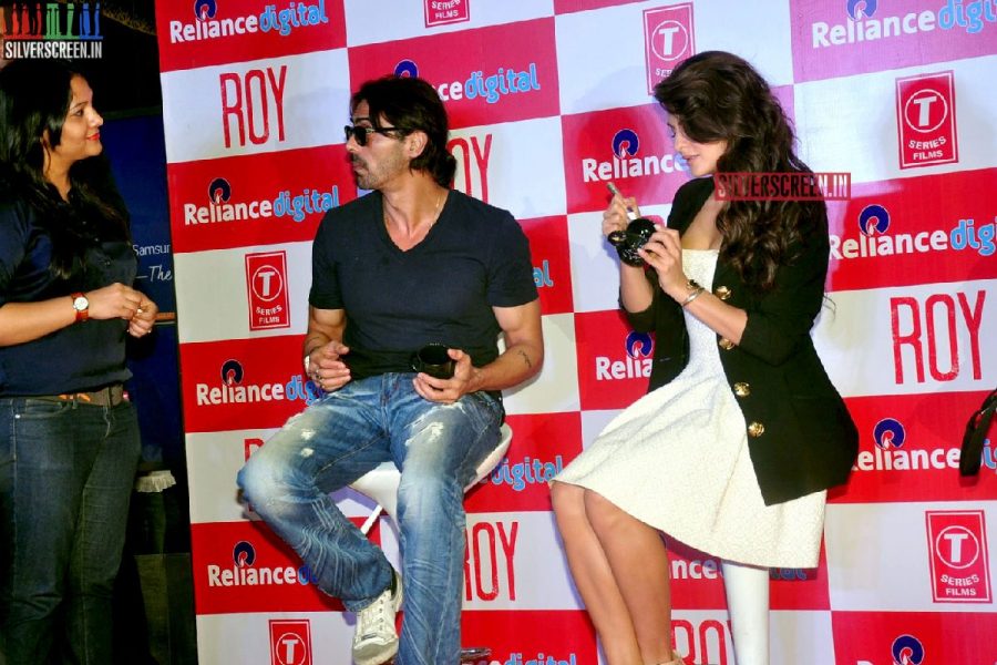 Actress Jacqueline Fernandez and Arjun Rampal promote film Roy at Reliance Digital