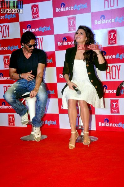 Actress Jacqueline Fernandez and Arjun Rampal promote film Roy at Reliance Digital