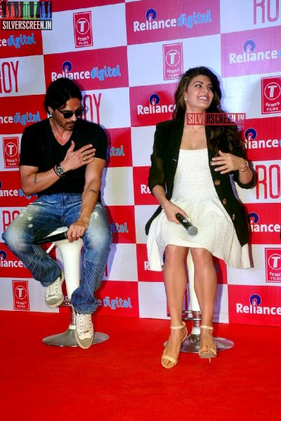 Actress Jacqueline Fernandez and Arjun Rampal promote film Roy at Reliance Digital