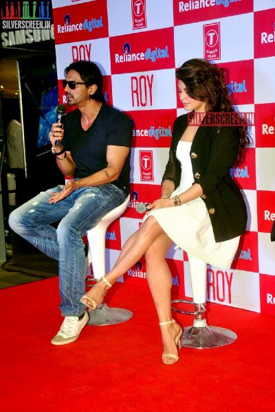 Actress Jacqueline Fernandez and Arjun Rampal promote film Roy at Reliance Digital