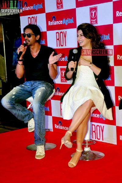 Actress Jacqueline Fernandez and Arjun Rampal promote film Roy at Reliance Digital