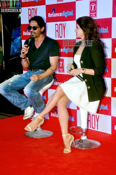 Actress Jacqueline Fernandez and Arjun Rampal promote film Roy at Reliance Digital