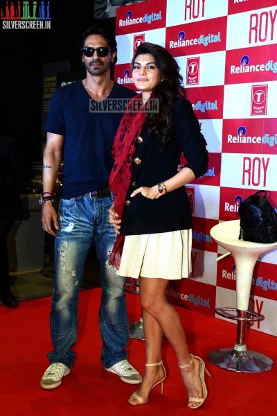 Actress Jacqueline Fernandez and Arjun Rampal promote film Roy at Reliance Digital