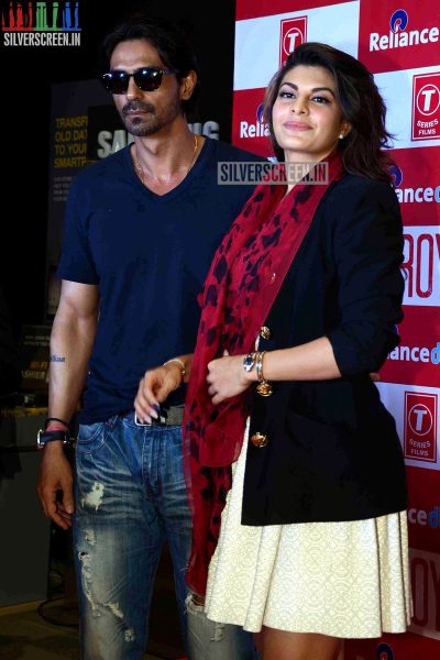 Actress Jacqueline Fernandez and Arjun Rampal promote film Roy at Reliance Digital