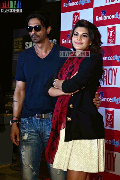 Actress Jacqueline Fernandez and Arjun Rampal promote film Roy at Reliance Digital