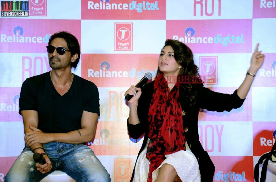 Actress Jacqueline Fernandez and Arjun Rampal promote film Roy at Reliance Digital