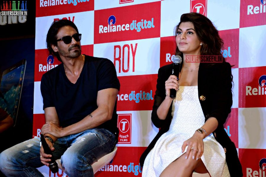 Actress Jacqueline Fernandez and Arjun Rampal promote film Roy at Reliance Digital