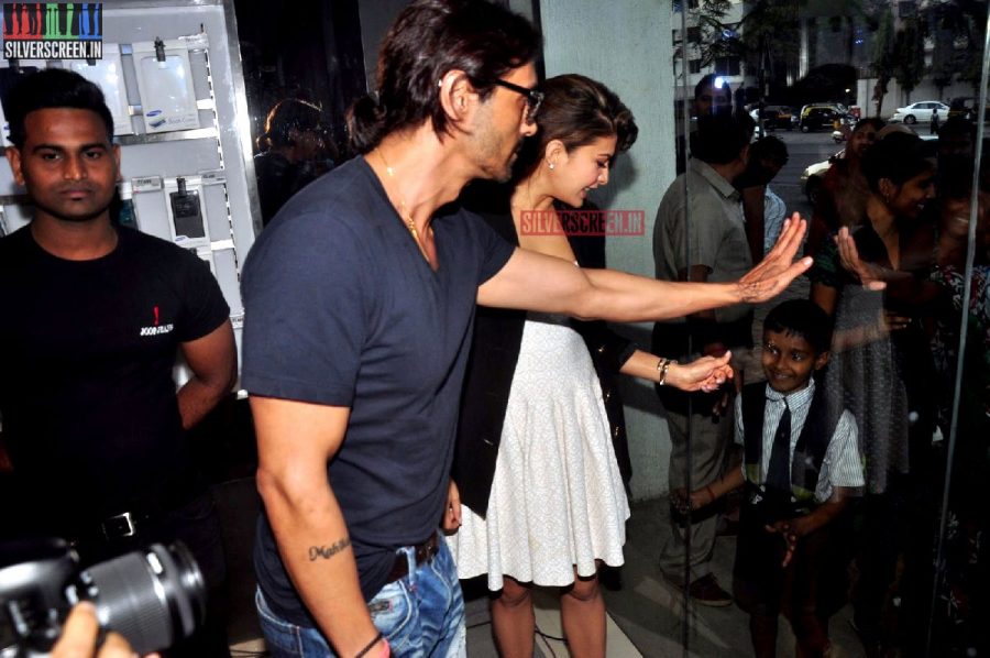 Actress Jacqueline Fernandez and Arjun Rampal promote film Roy at Reliance Digital