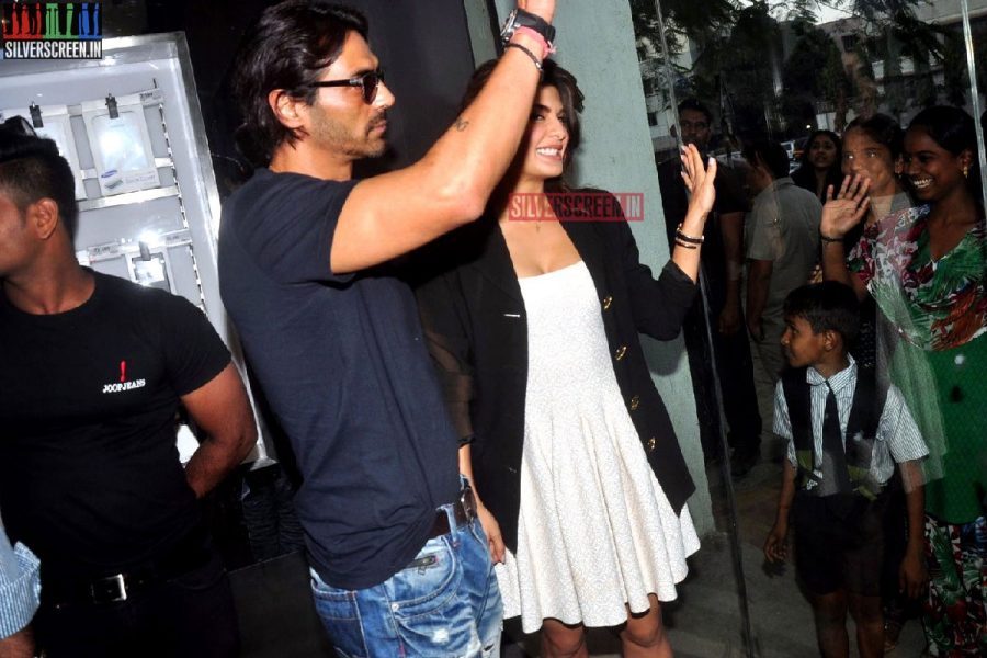 Actress Jacqueline Fernandez and Arjun Rampal promote film Roy at Reliance Digital