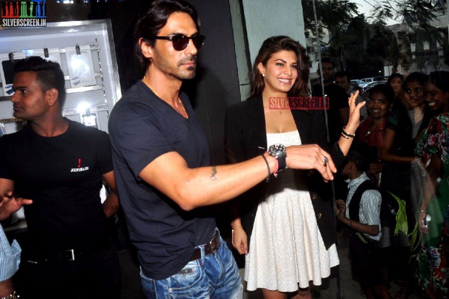 Actress Jacqueline Fernandez and Arjun Rampal promote film Roy at Reliance Digital