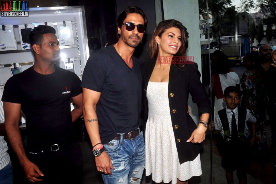 Actress Jacqueline Fernandez and Arjun Rampal promote film Roy at Reliance Digital