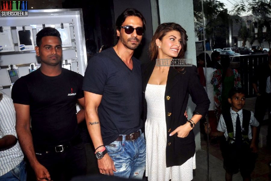 Actress Jacqueline Fernandez and Arjun Rampal promote film Roy at Reliance Digital