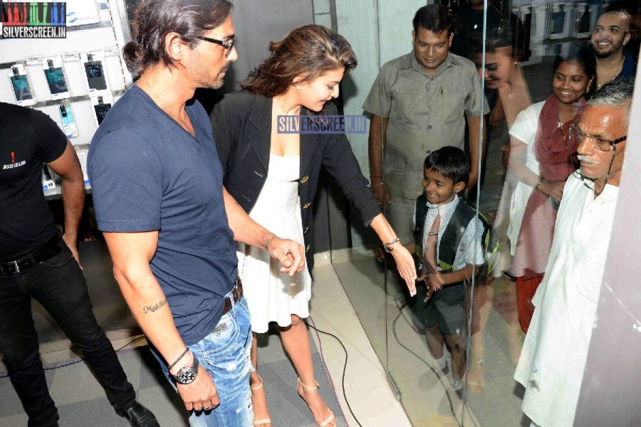 Actress Jacqueline Fernandez and Arjun Rampal promote film Roy at Reliance Digital