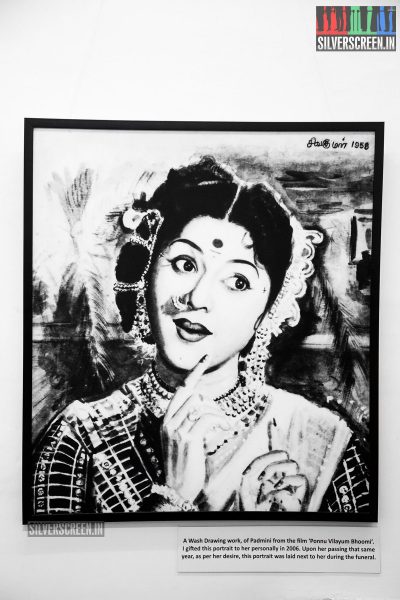 A Wash painting of Padmini from the film Ponnu Vilaiyum Bhoomi. Sivakumar gifted this portrait to the actress in 2006. On her demise, the portrait was placed next to her at her funeral.