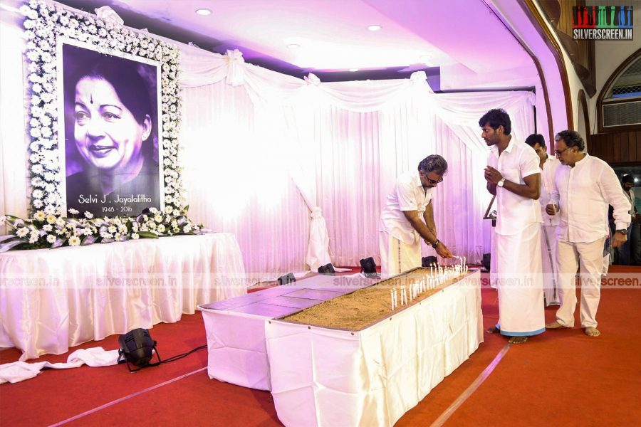 Rajinikanth, Vishal, Karthi And Others At Nadigar Sangam's Condolence Meeting for Jayalaithaa and Cho Ramaswamys