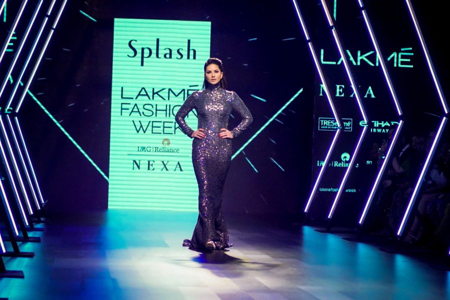 Mumbai: Actress Sunny Leone displays the creation of Fashion com