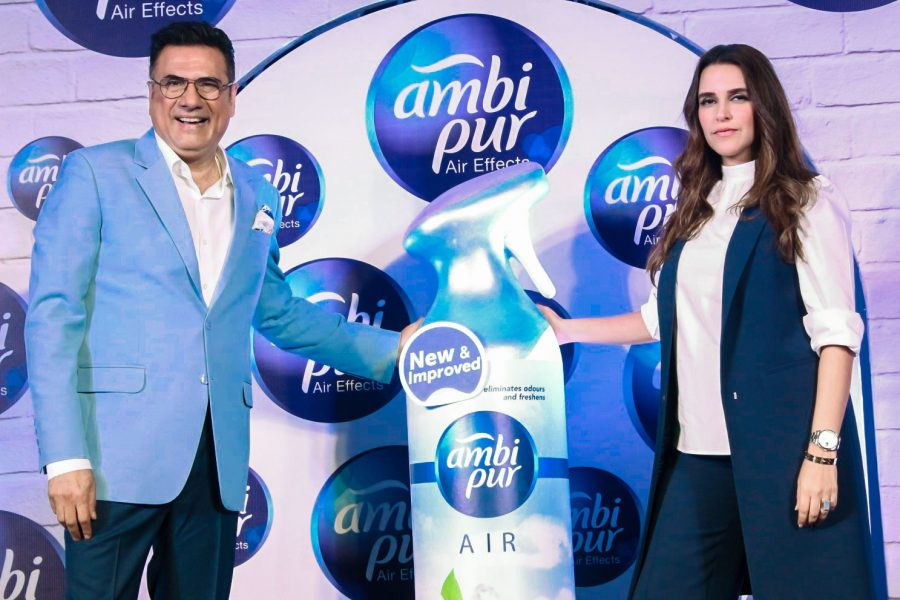 Mumbai: Actors Boman Irani and Neha Dhupia during a product laun