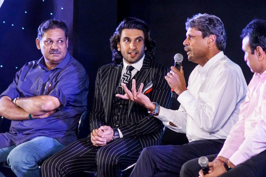 Mumbai: Actor Ranveer Singh along wih with former Cricketer Kapil Dev during a programme to announce the making of upcoming sports drama on 1983 World Cup in Mumbai on Sept 27, 2017. (Photo: IANS)