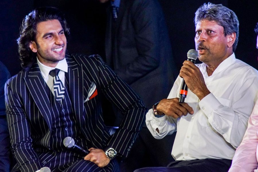 Mumbai: Actor Ranveer Singh along with Former Cricketers Kapil Dev during a programme to announce the making of upcoming sports drama on 1983 World Cup in Mumbai on Sept 27, 2017. (Photo: IANS)