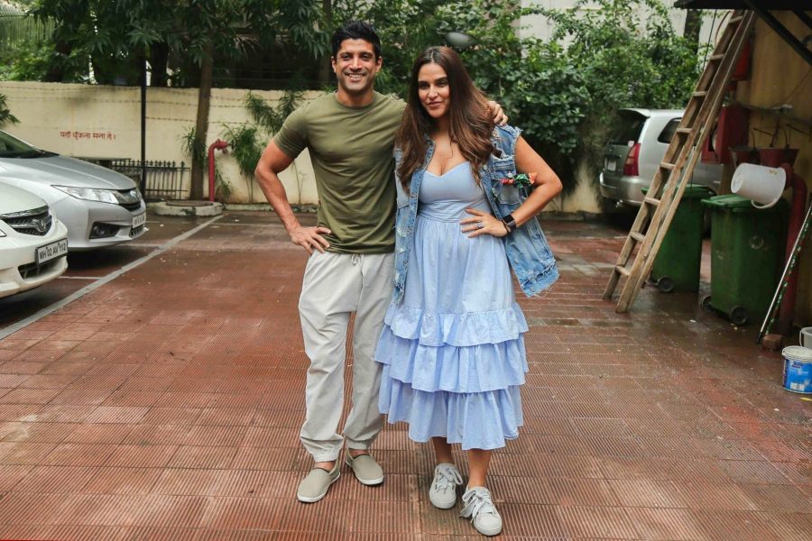 Mumbai: Actors Farhan Akhtar and Neha Dhupia arrive for the recording of audio talk show #NoFilterNeha Season 2 in Mumbai on Aug 30 ,2017 . (Photo: IANS)