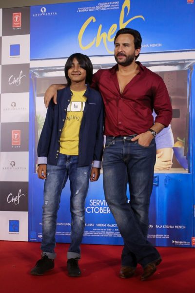 Mumbai: Actors Saif Ali Khan and Svar Kamble during the trailer launch of their upcoming film "Chef" in Mumbai on Aug 31,2017. (Photo: IANS)