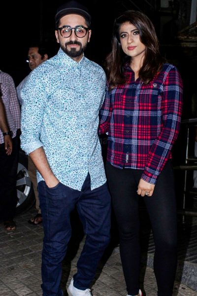 Mumbai:Actor Ayushmann Khurrana along with his wife Tahira Kashyap during the special screening of film "Judwaa 2" in Mumbai on Sept 28, 2017.(Photo: IANS)