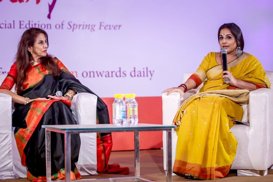 New Delhi: Author-columnist Shobhaa De in conversation with Vidya Balan during the session Zara Sa Jhoom Lu Main of Penguin Fever in New Delhi on, Oct 27, 2017. (Photo: Amlan Paliwal/IANS)