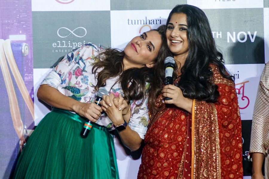 Mumbai: Actresses Vidya Balan and Neha Dhupia during the trailer launch of their upcoming film "Tumhari Sulu" in Mumbai on Oct 14, 2017.(Photo: IANS)