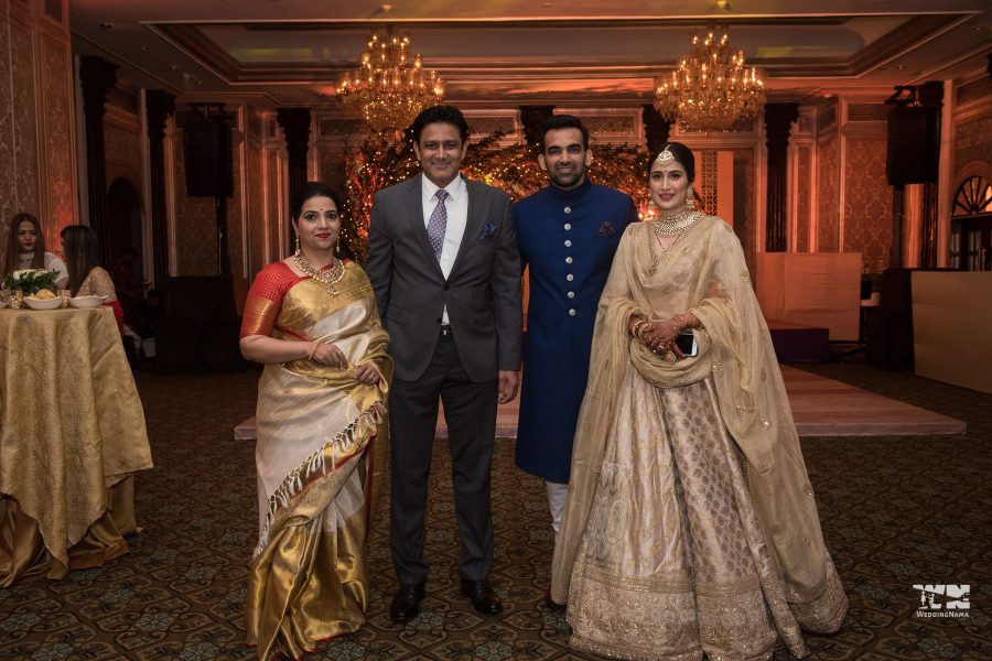 Anil Kumble and his wife at the wedding reception of Sagarika Ghatge and Zaheer Khan