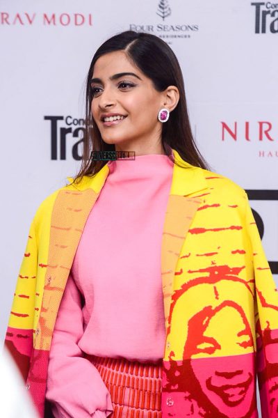 Sonam Kapoor looked peachy in Zoe Champion separates at a dinner hosted by Conde Nast.