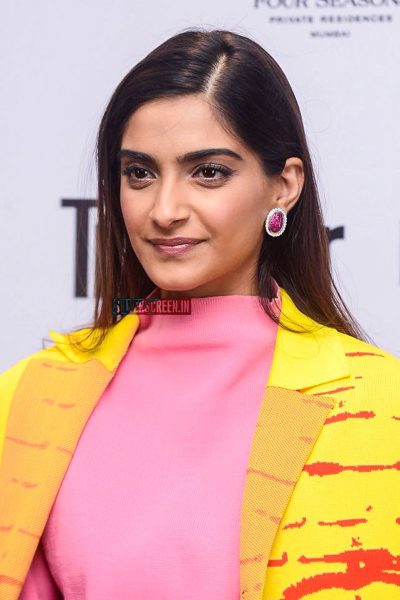 Sonam Kapoor looked peachy in Zoe Champion separates at a dinner hosted by Conde Nast.