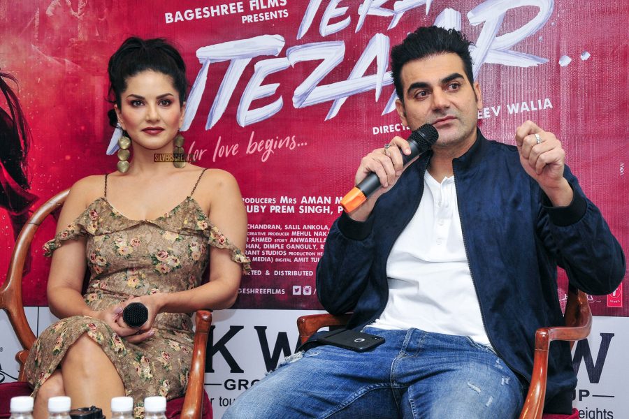 Sunny Leone and Arbaaz Khan during the promotions of Tera Intezar in Delhi. The film will release on Friday.