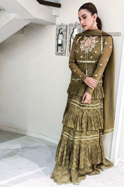 Gauahar Khan In A Kalidar Kurta Suit With Hand Embroidered Floral Patterns And Zardozi Gota