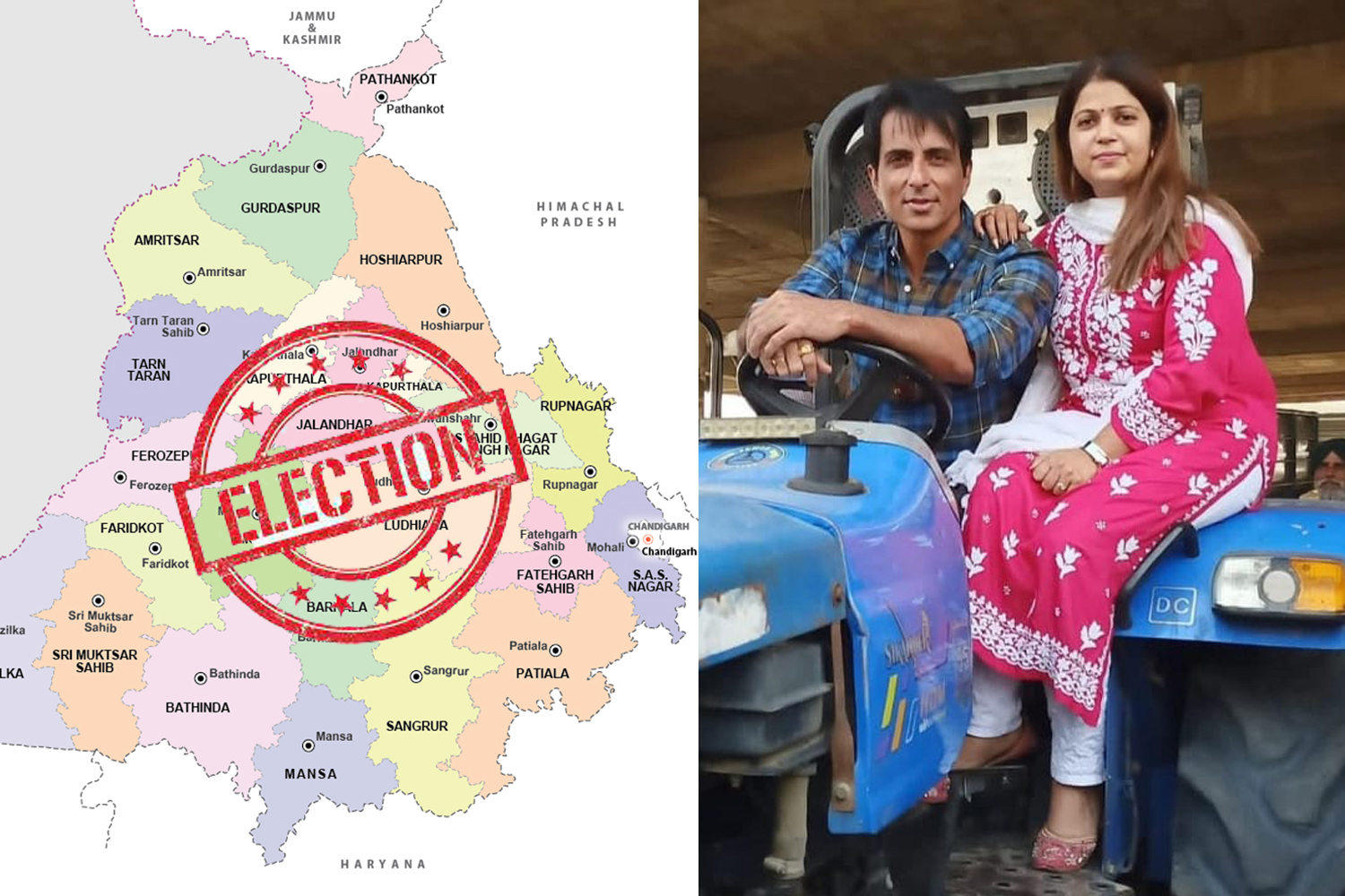 Sonu Sood and his sister Malvika Sood along with map of Punjab